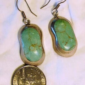 NAVAJO TURQUOISE. SOFT, BLUISH-GREEN, STERLING EARRINGS.  1.5"  LONG.